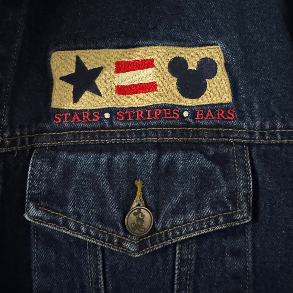 Vintage Mickey Inc Denim Jacket USA Flag Mickey Mouse Ears Patch Large Disney - Picture 5 of 7